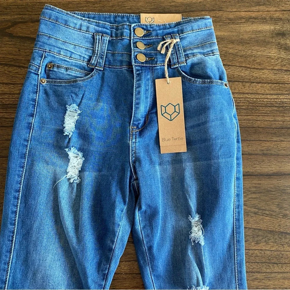 BLUE TURTLE Stacked Waist Slimming High Waist Skinny Jeans Medium Blue size 3 - Picture 3 of 12